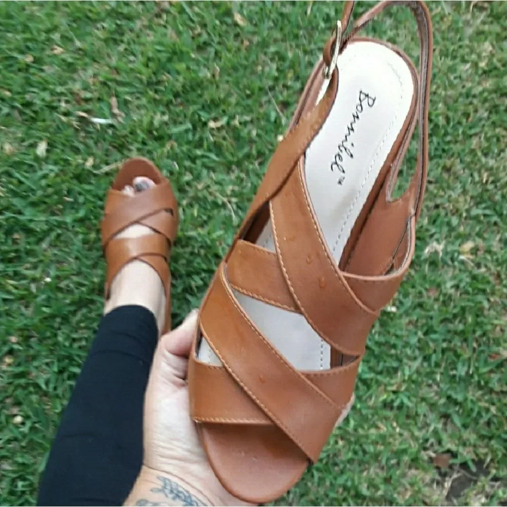 Tan Back Strap Platform Wedges